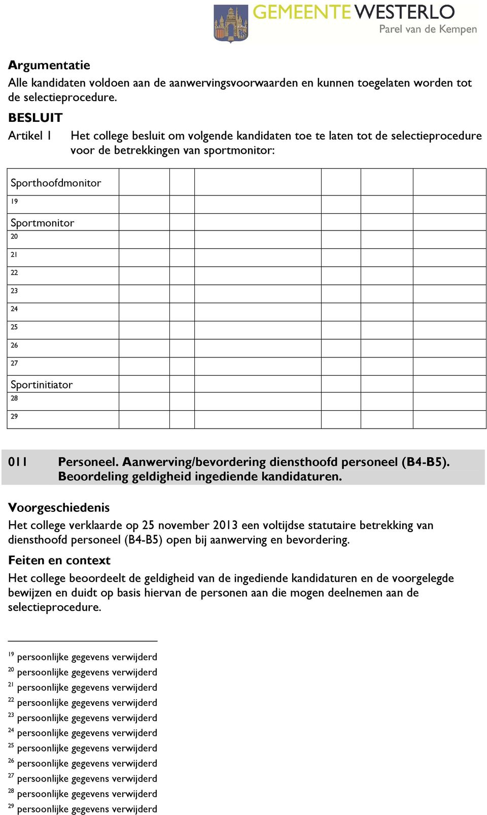Sportinitiator 28 29 011 Personeel. Aanwerving/bevordering diensthoofd personeel (B4-B5). Beoordeling geldigheid ingediende kandidaturen.