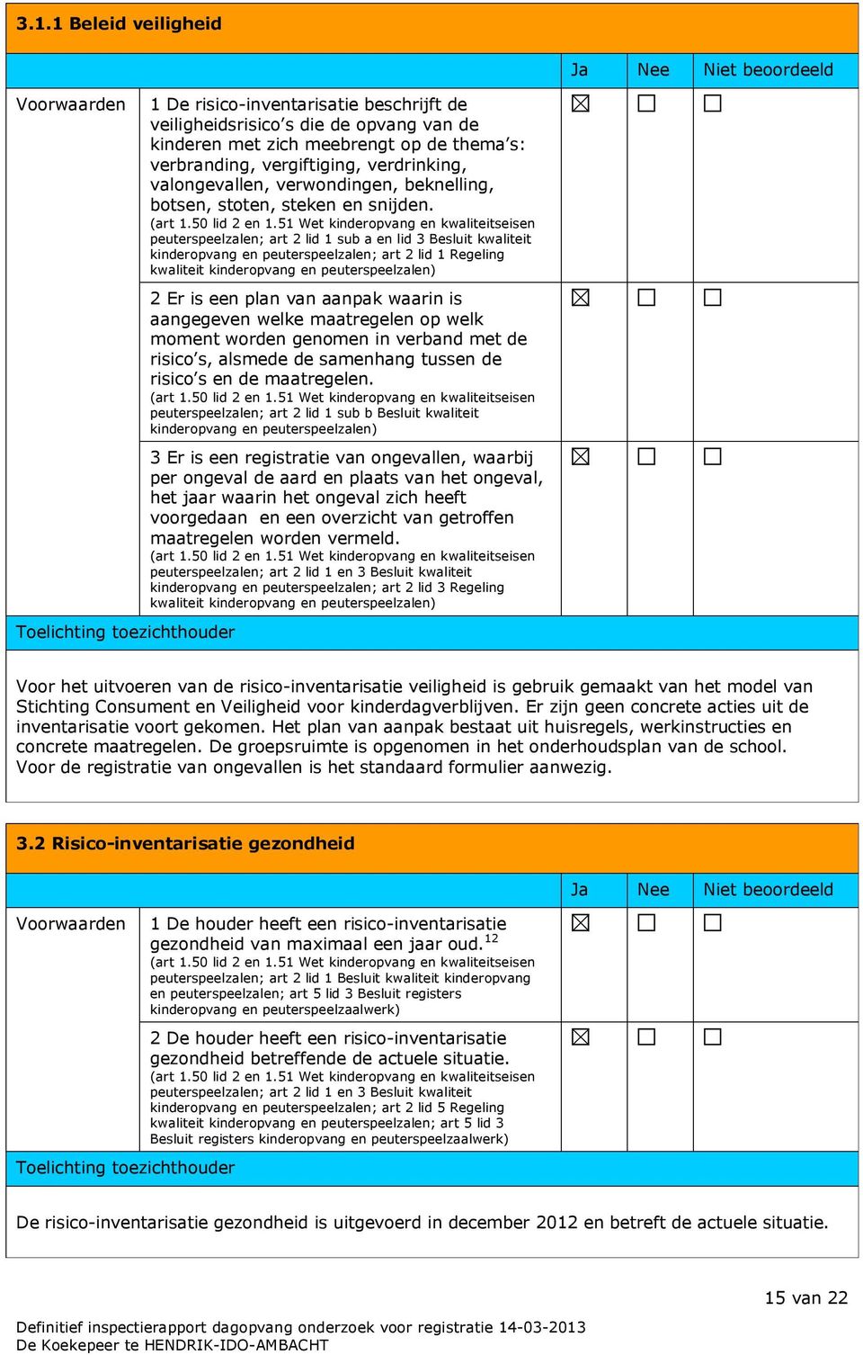 51 Wet kinderopvang en kwaliteitseisen peuterspeelzalen; art 2 lid 1 sub a en lid 3 Besluit kwaliteit kinderopvang en peuterspeelzalen; art 2 lid 1 Regeling 2 Er is een plan van aanpak waarin is