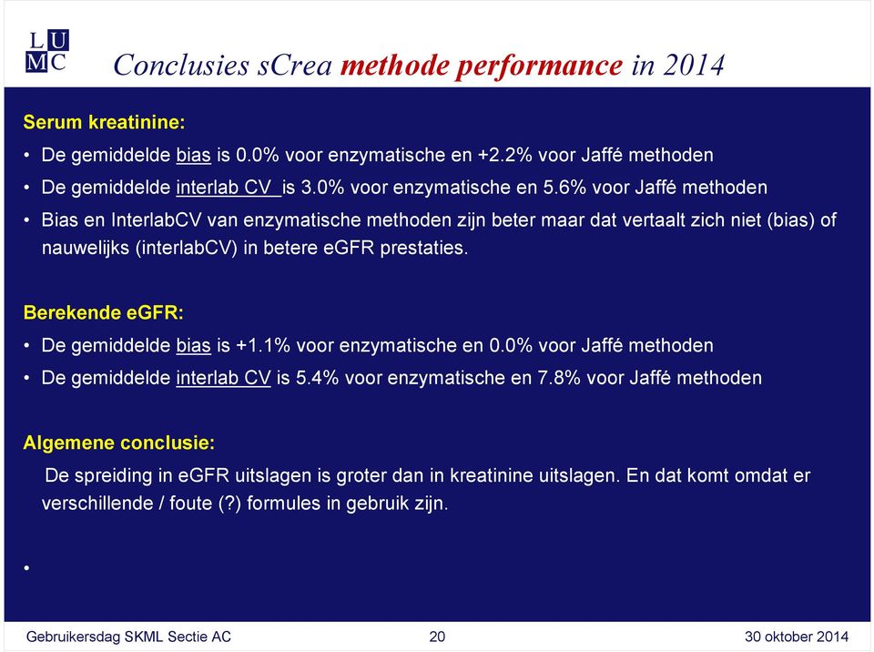 6% voor Jaffé methoden Bias en InterlabCV van enzymatische methoden zijn beter maar dat vertaalt zich niet (bias) of nauwelijks (interlabcv) in betere egfr prestaties.