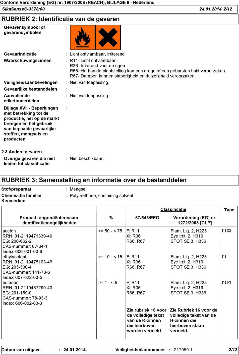 Bijlage XVII - Beperkingen met betrekking tot de productie, het op de markt brengen en het gebruik van bepaalde gevaarlijke stoffen, mengsels en producten Licht ontvlambaar, Irriterend R11- Licht