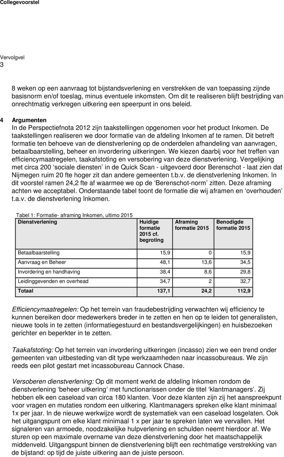 4 Argumenten In de Perspectiefnota 2012 zijn taakstellingen opgenomen voor het product Inkomen. De taakstellingen realiseren we door formatie van de afdeling Inkomen af te ramen.