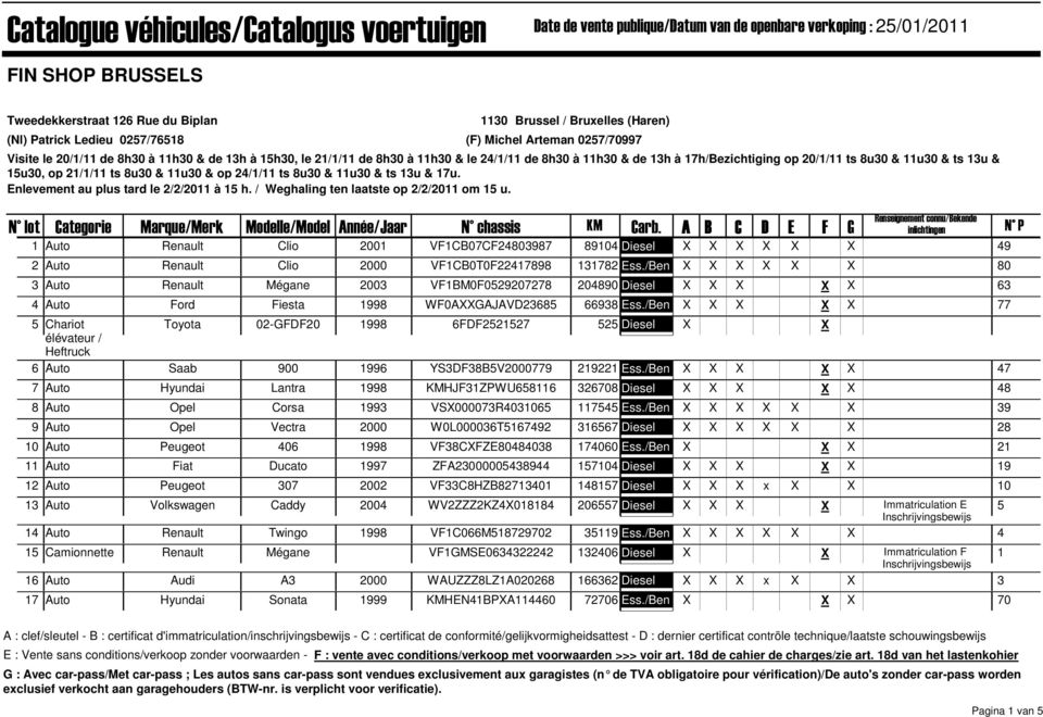 20/1/11 ts 8u30 & 11u30 & ts 13u & 15u30, op 21/1/11 ts 8u30 & 11u30 & op 24/1/11 ts 8u30 & 11u30 & ts 13u & 17u. Enlevement au plus tard le 2/2/2011 à 15 h.