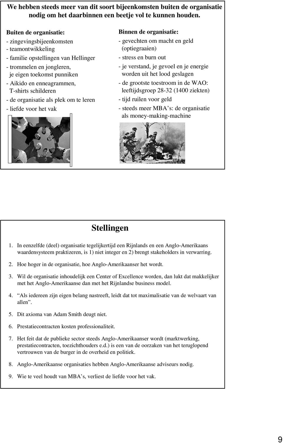 schilderen - de organisatie als plek om te leren - liefde voor het vak Binnen de organisatie: - gevechten om macht en geld (optiegraaien) - stress en burn out - je verstand, je gevoel en je energie