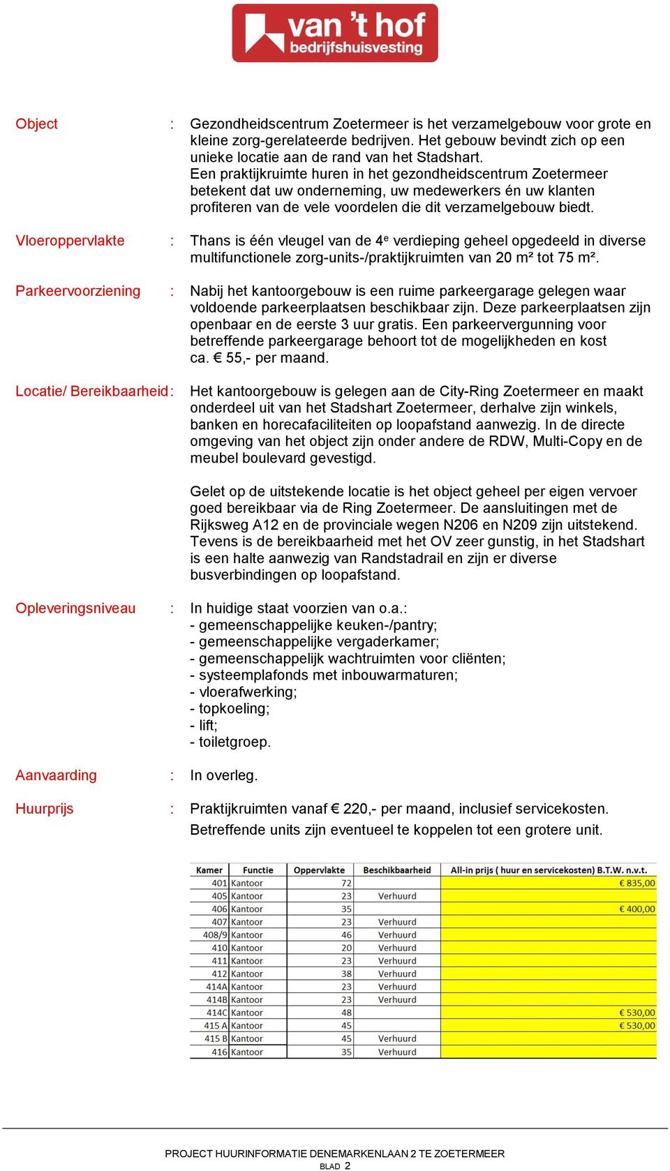 Vloeroppervlakte : Thans is één vleugel van de 4 e verdieping geheel opgedeeld in diverse multifunctionele zorg-units-/praktijkruimten van 20 m² tot 75 m².