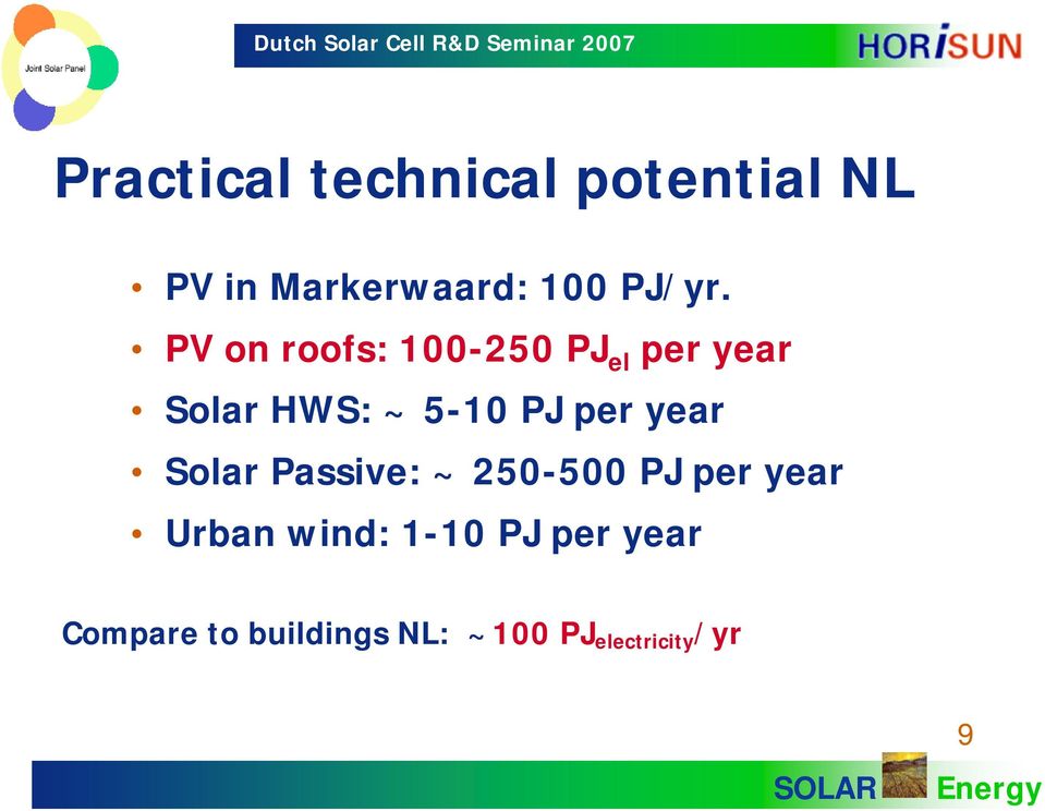 PV on roofs: 100-250 PJ el per year Solar HWS: ~ 5-10 PJ per year Solar