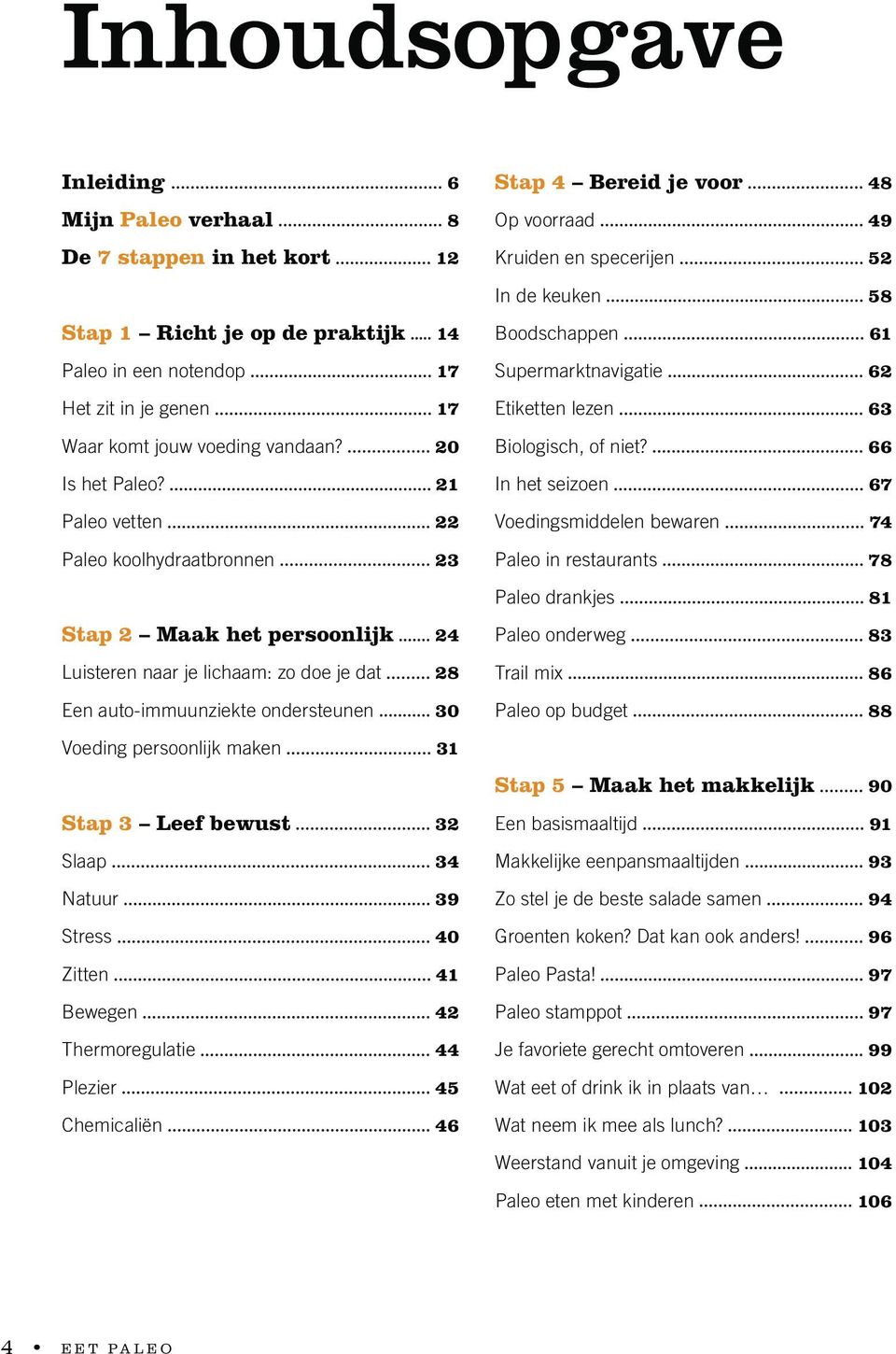 21 Paleo vetten 22 Paleo koolhydraatbronnen 23 Stap 2 Maak het persoonlijk 24 Luisteren naar je lichaam: zo doe je dat 28 Een auto-immuunziekte ondersteunen 30 Voeding persoonlijk maken 31 Stap 3