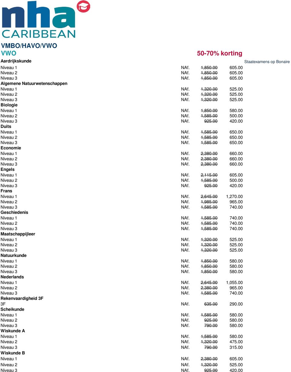 00 Niveau 2 NAf. 1,585.00 650.00 Niveau 3 NAf. 1,585.00 650.00 Economie Niveau 1 NAf. 2,380.00 660.00 Niveau 2 NAf. 2,380.00 660.00 Niveau 3 NAf. 2,380.00 660.00 Engels Niveau 1 NAf. 2,115.00 605.