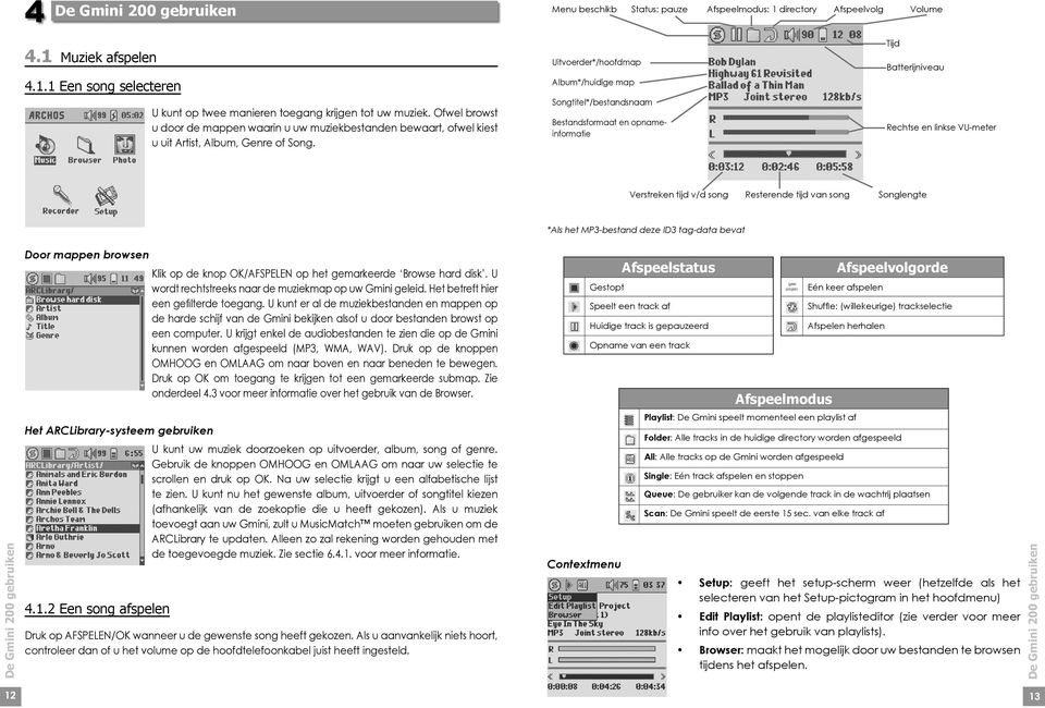 Uitvoerder*/hoofdmap Album*/huidige map Songtitel*/bestandsnaam Bestandsformaat en opnameinformatie Tijd Batterijniveau Rechtse en linkse VU-meter Verstreken tijd v/d song Resterende tijd van song