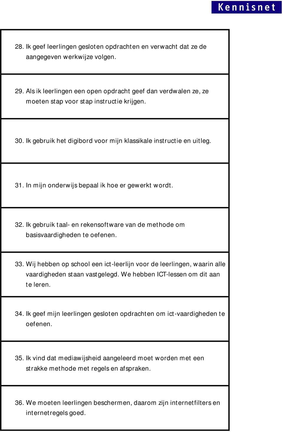 In mijn onderwijs bepaal ik hoe er gewerkt wordt. 32. Ik gebruik taal- en rekensoftware van de methode om basisvaardigheden te oefenen. 33.