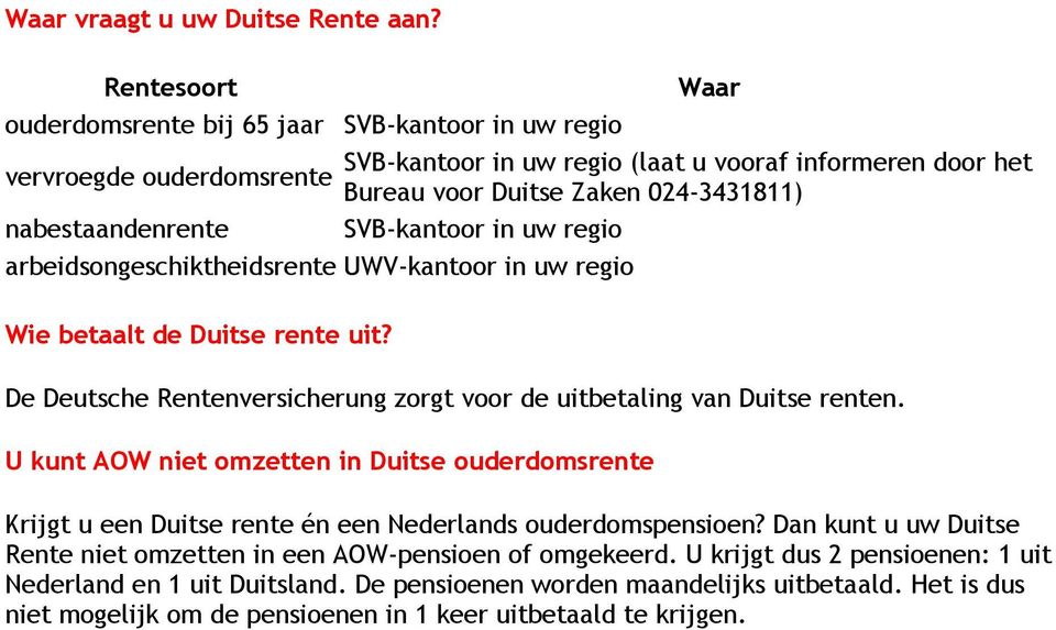 nabestaandenrente SVB-kantoor in uw regio arbeidsongeschiktheidsrente UWV-kantoor in uw regio Wie betaalt de Duitse rente uit?
