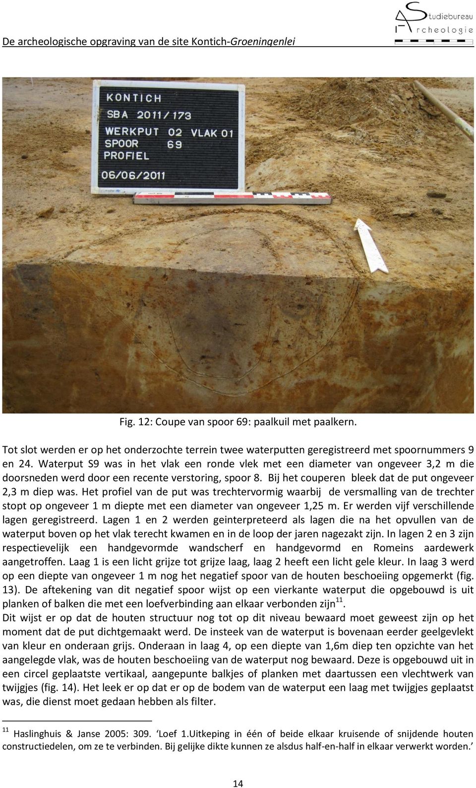 Het profiel van de put was trechtervormig waarbij de versmalling van de trechter stopt op ongeveer 1 m diepte met een diameter van ongeveer 1,25 m. Er werden vijf verschillende lagen geregistreerd.