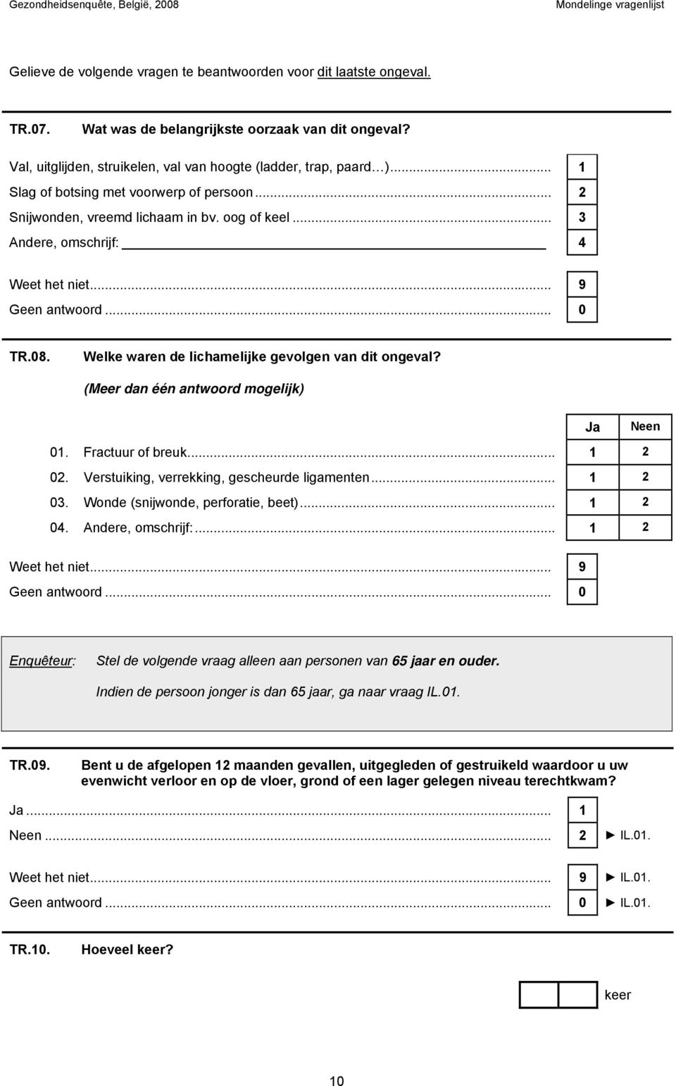 (Meer dan één antwoord mogelijk) Ja Neen 01. Fractuur of breuk... 1 2 02. Verstuiking, verrekking, gescheurde ligamenten... 1 2 03. Wonde (snijwonde, perforatie, beet)... 1 2 04. Andere, omschrijf:.