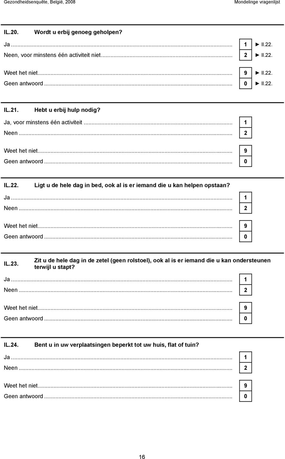 Ligt u de hele dag in bed, ook al is er iemand die u kan helpen opstaan? Ja... 1 Neen... 2 IL.23.