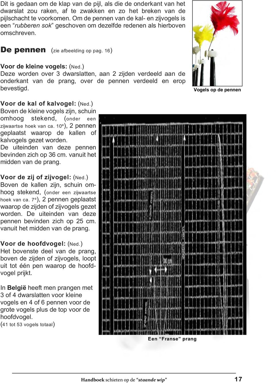 ) Deze worden over 3 dwarslatten, aan 2 zijden verdeeld aan de onderkant van de prang, over de pennen verdeeld en erop bevestigd. Vogels op de pennen Voor de kal of kalvogel: (Ned.