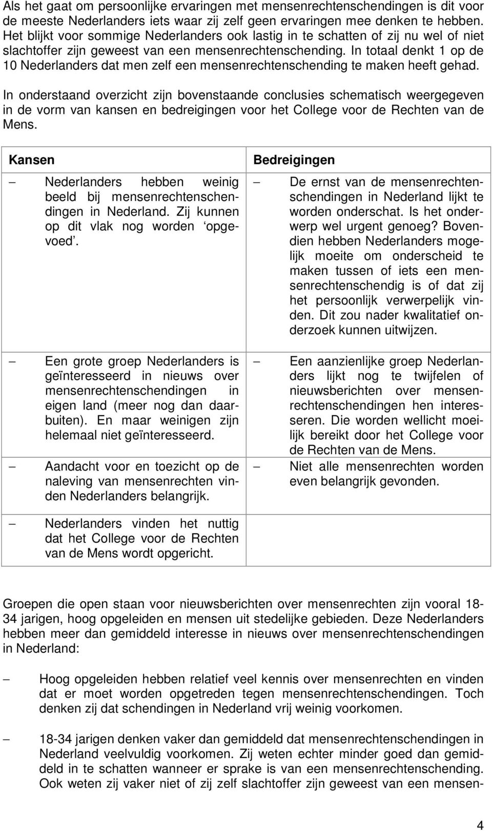 In totaal denkt 1 op de 10 Nederlanders dat men zelf een mensenrechtenschending te maken heeft gehad.