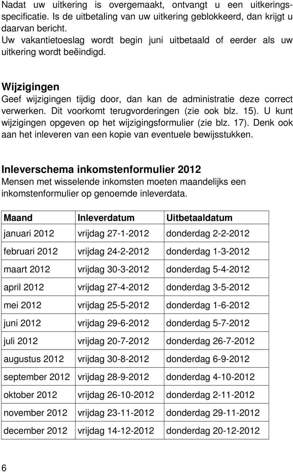 Dit voorkomt terugvorderingen (zie ook blz. 15). U kunt wijzigingen opgeven op het wijzigingsformulier (zie blz. 17). Denk ook aan het inleveren van een kopie van eventuele bewijsstukken.