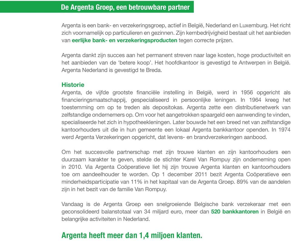 Argenta dankt zijn succes aan het permanent streven naar lage kosten, hoge productiviteit en het aanbieden van de betere koop. Het hoofdkantoor is gevestigd te Antwerpen in België.