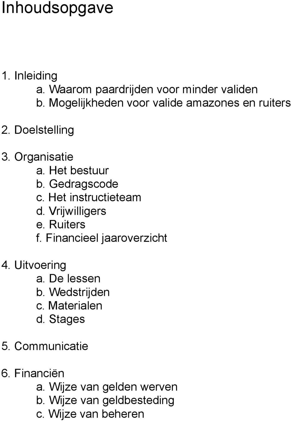 Gedragscode c. Het instructieteam d. Vrijwilligers e. Ruiters f. Financieel jaaroverzicht 4. Uitvoering a.