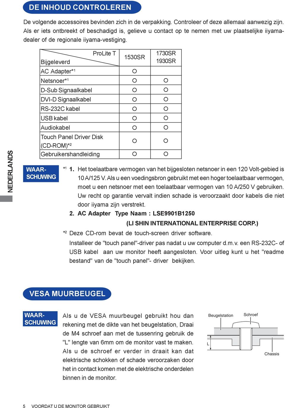 ProLite T Bijgeleverd AC Adapter* 1 Netsnoer* 1 D-Sub Signaalkabel DVI-D Signaalkabel RS-232C kabel USB kabel Audiokabel Touch Panel Driver Disk (CD-ROM)* 2 Gebruikershandleiding WAAR- SCHUWING