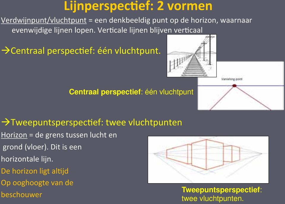 Centraal perspectief: één vluchtpunt à TweepuntsperspecLef: twee vluchtpunten Horizon = de grens tussen lucht