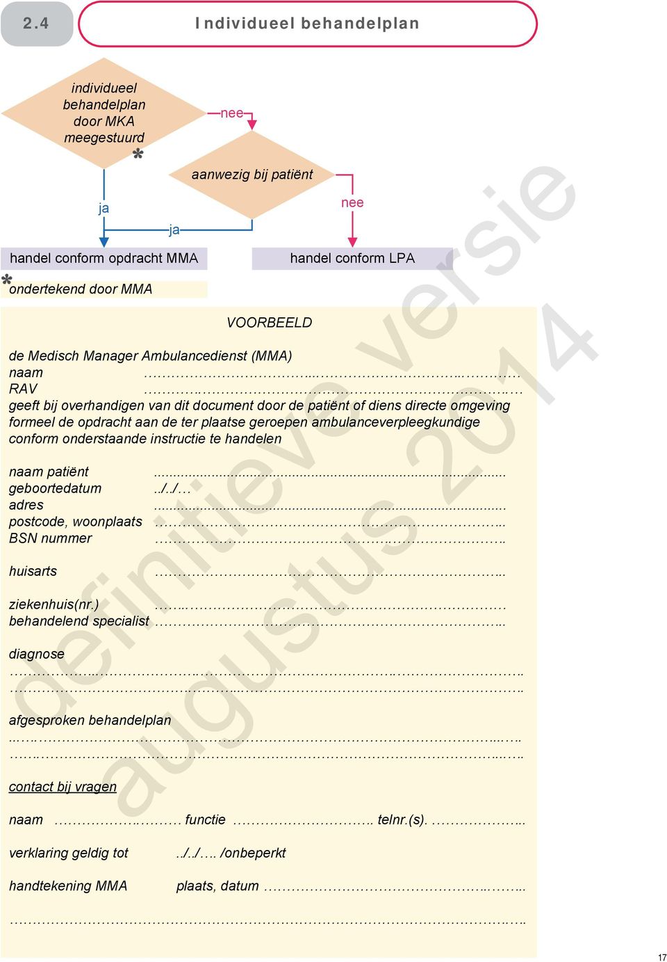 . geeft bij overhandigen van dit document door de patiënt of diens directe omgeving formeel de opdracht aan de ter plaatse geroepen ambulanceverpleegkundige conform onderstaande instructie