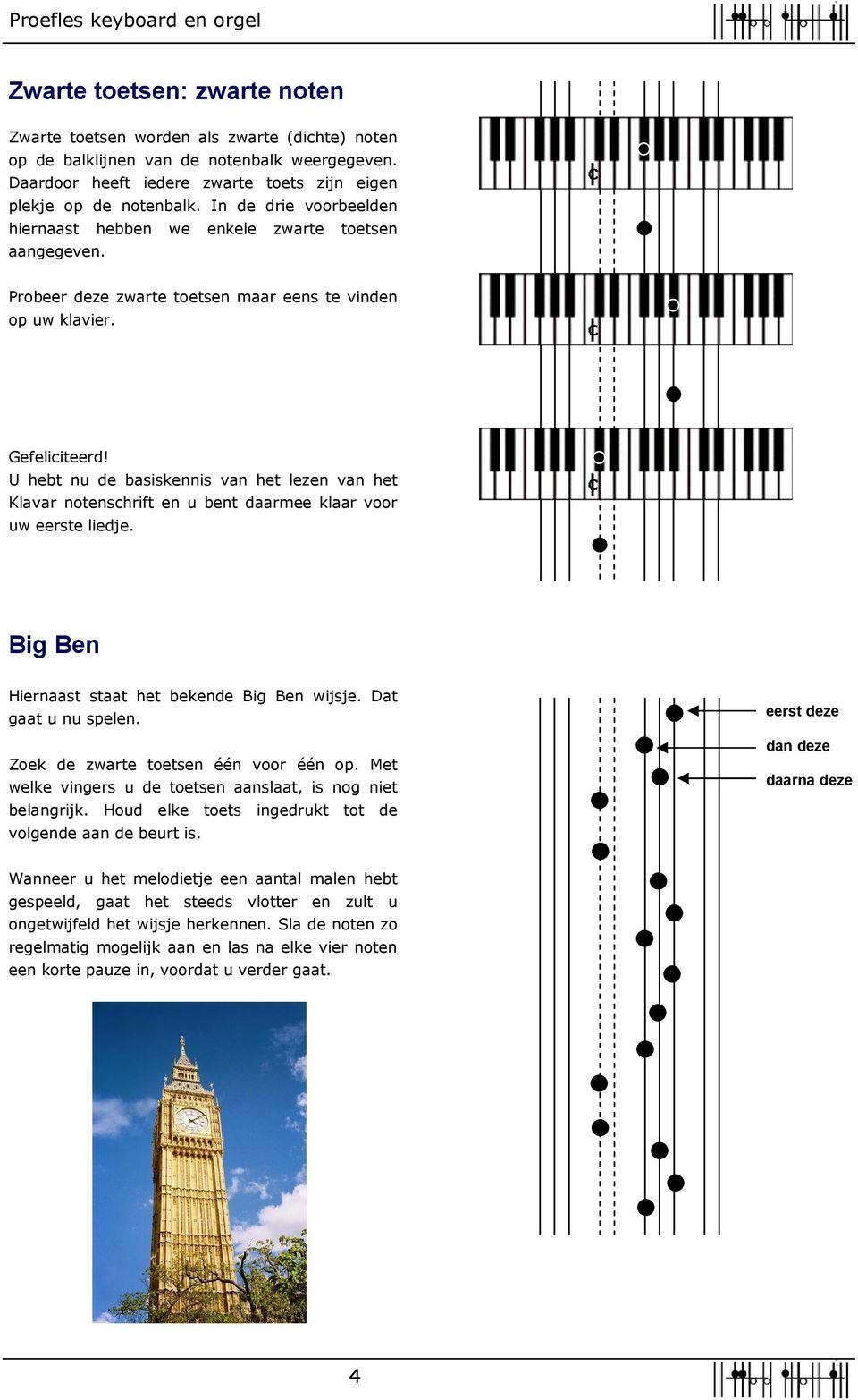 U hebt nu de basiskennis van het lezen van het Klavar ntenschrift en u bent daarmee klaar vr uw eerste liedje. Big Ben Hiernaast staat het bekende Big Ben wijsje. Dat gaat u nu selen.