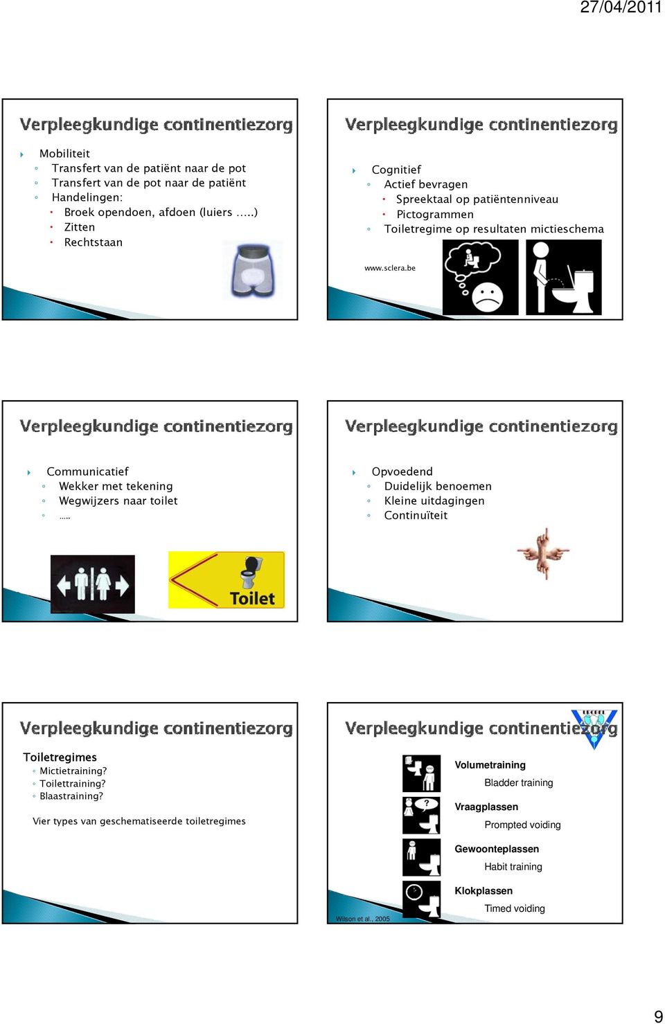 be Communicatief Wekker met tekening Wegwijzers naar toilet.. Opvoedend Duidelijk benoemen Kleine uitdagingen Continuïteit i Toiletregimes Mictietraining?