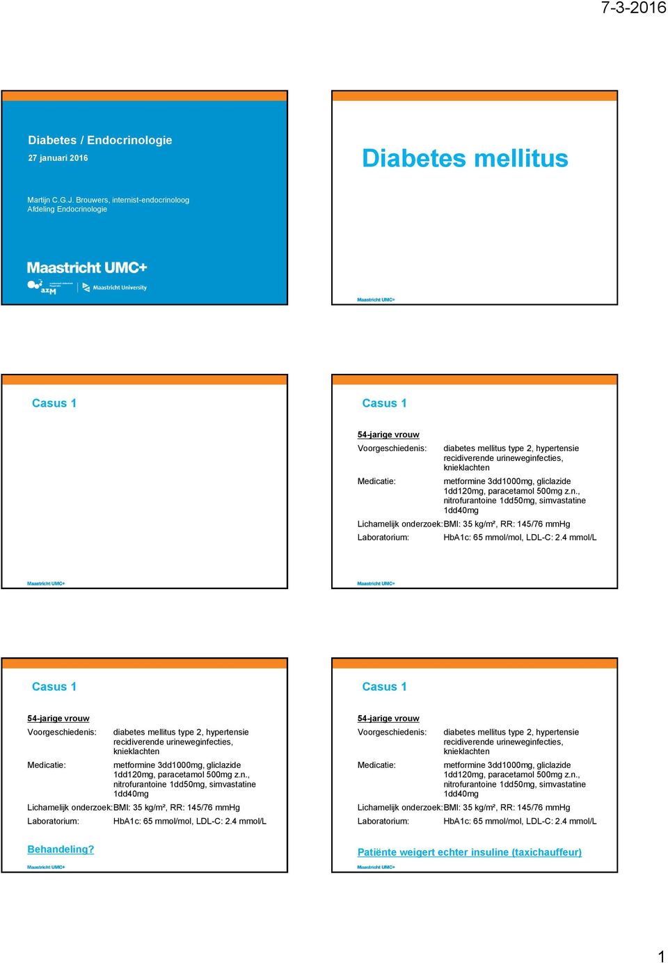 knieklachten metfmine 3dd1000mg, gliclazide 1dd120mg, paracetamol 500mg z.n., nitrofurantoine 1dd50mg, simvastatine 1dd40mg Lichamelijk onderzoek: BMI: 35 kg/m², RR: 145/76 mmhg Labatium: HbA1c: 65 mmol/mol, LDL-C: 2.