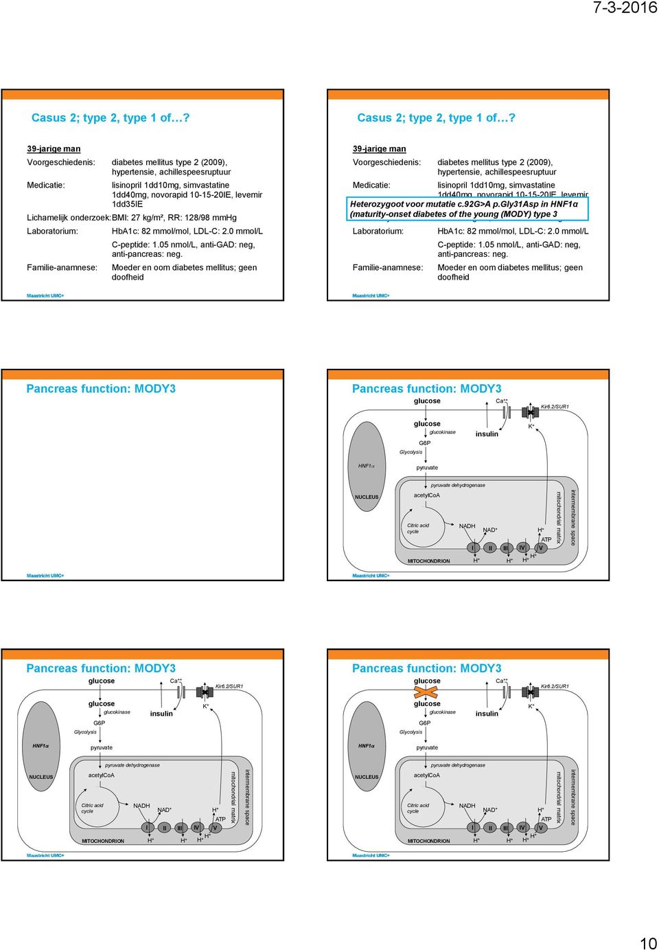 onderzoek: BMI: 27 kg/m², RR: 128/98 mmhg Labatium: Familie-anamnese: HbA1c: 82 mmol/mol, LDL-C: 2.0 mmol/l C-peptide: 1.05 nmol/l, anti-gad: neg, anti-pancreas: neg.