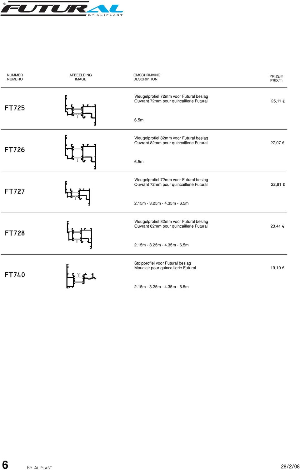 5m FT727 Vleugelprofiel 72mm voor Futural beslag Ouvrant 72mm pour quincaillerie Futural 22,81 2.15m - 3.25m - 4.35m - 6.