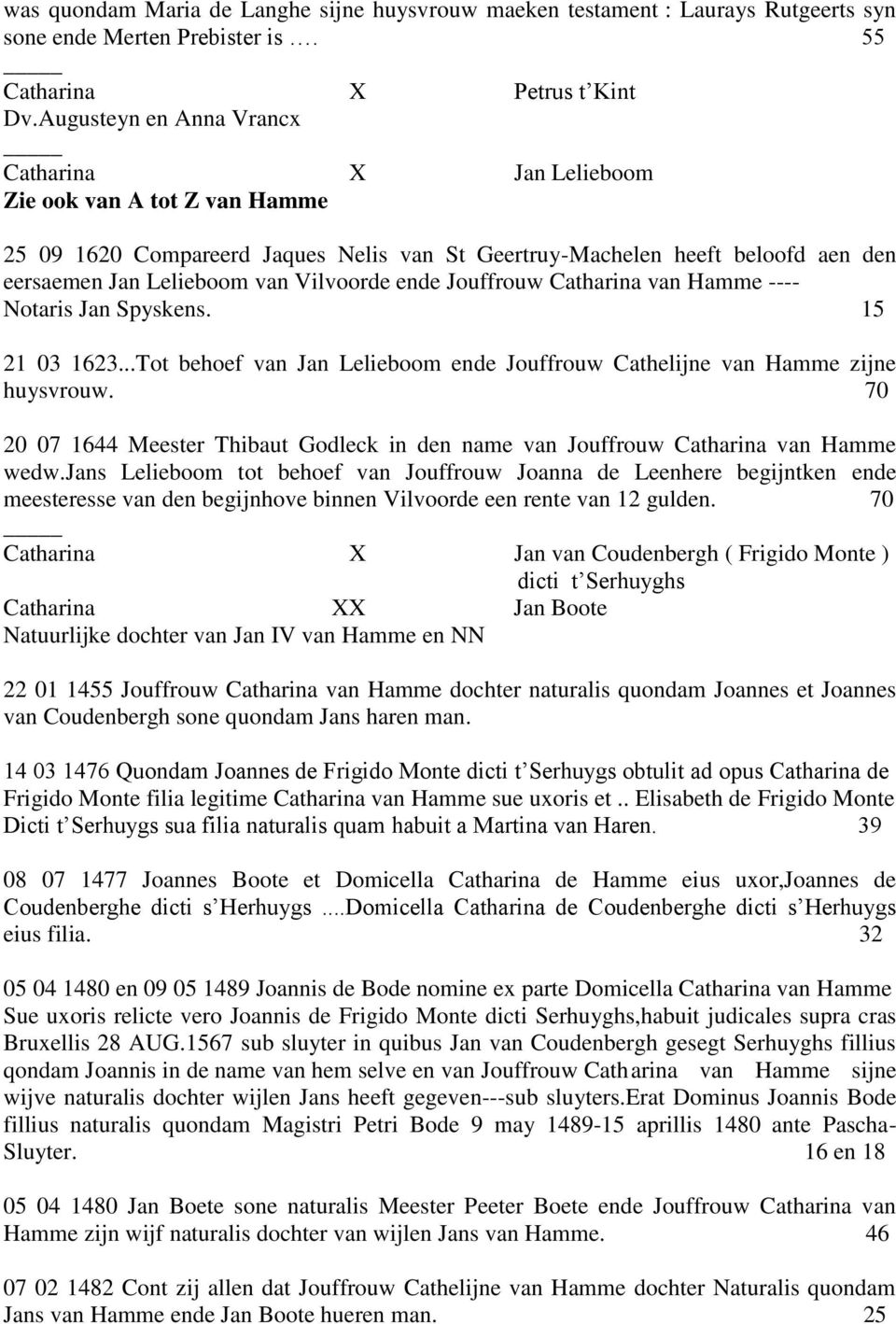 Vilvoorde ende Jouffrouw Catharina van Hamme ---- Notaris Jan Spyskens. 15 21 03 1623...Tot behoef van Jan Lelieboom ende Jouffrouw Cathelijne van Hamme zijne huysvrouw.