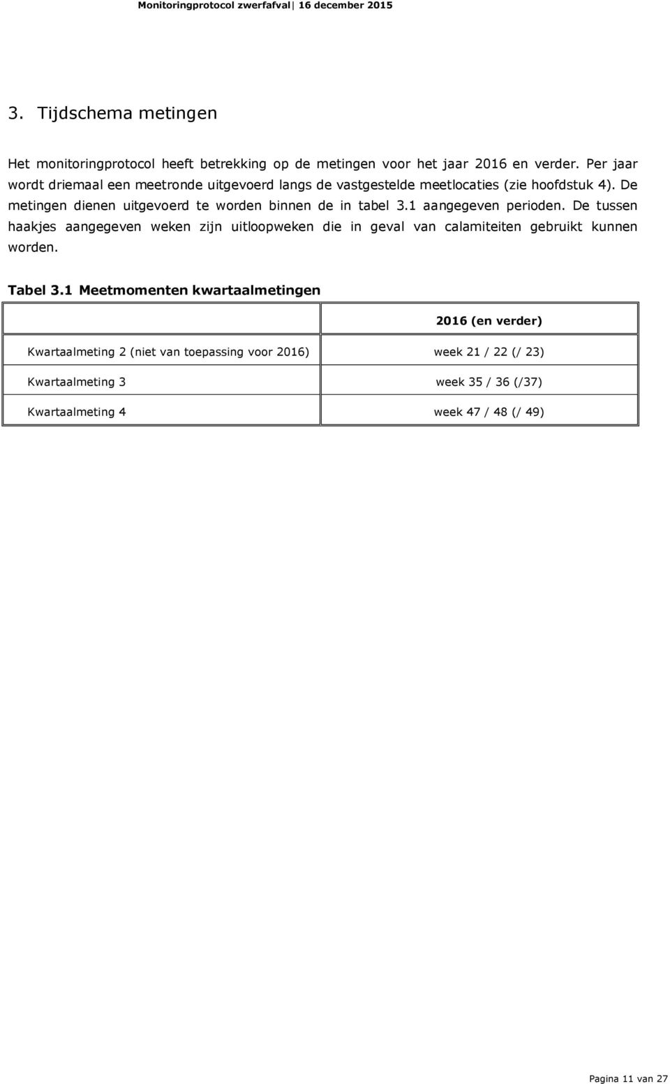 De metingen dienen uitgevoerd te worden binnen de in tabel 3.1 aangegeven perioden.