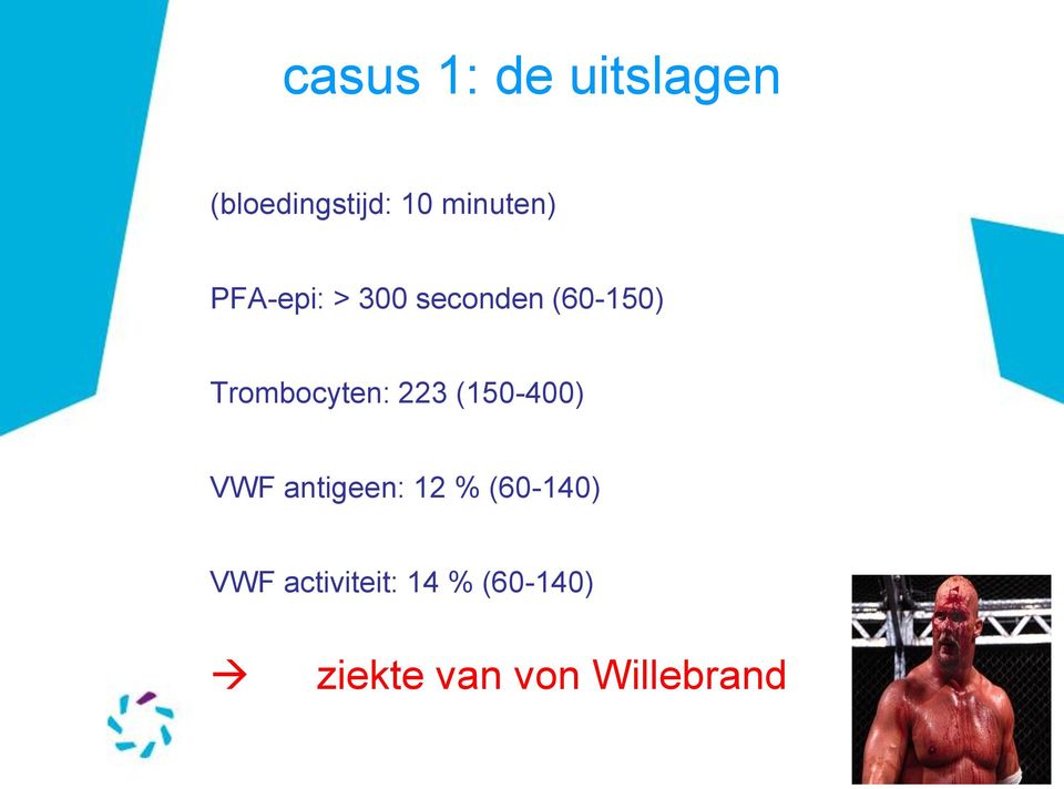 Trombocyten: 223 (150-400) VWF antigeen: 12 %