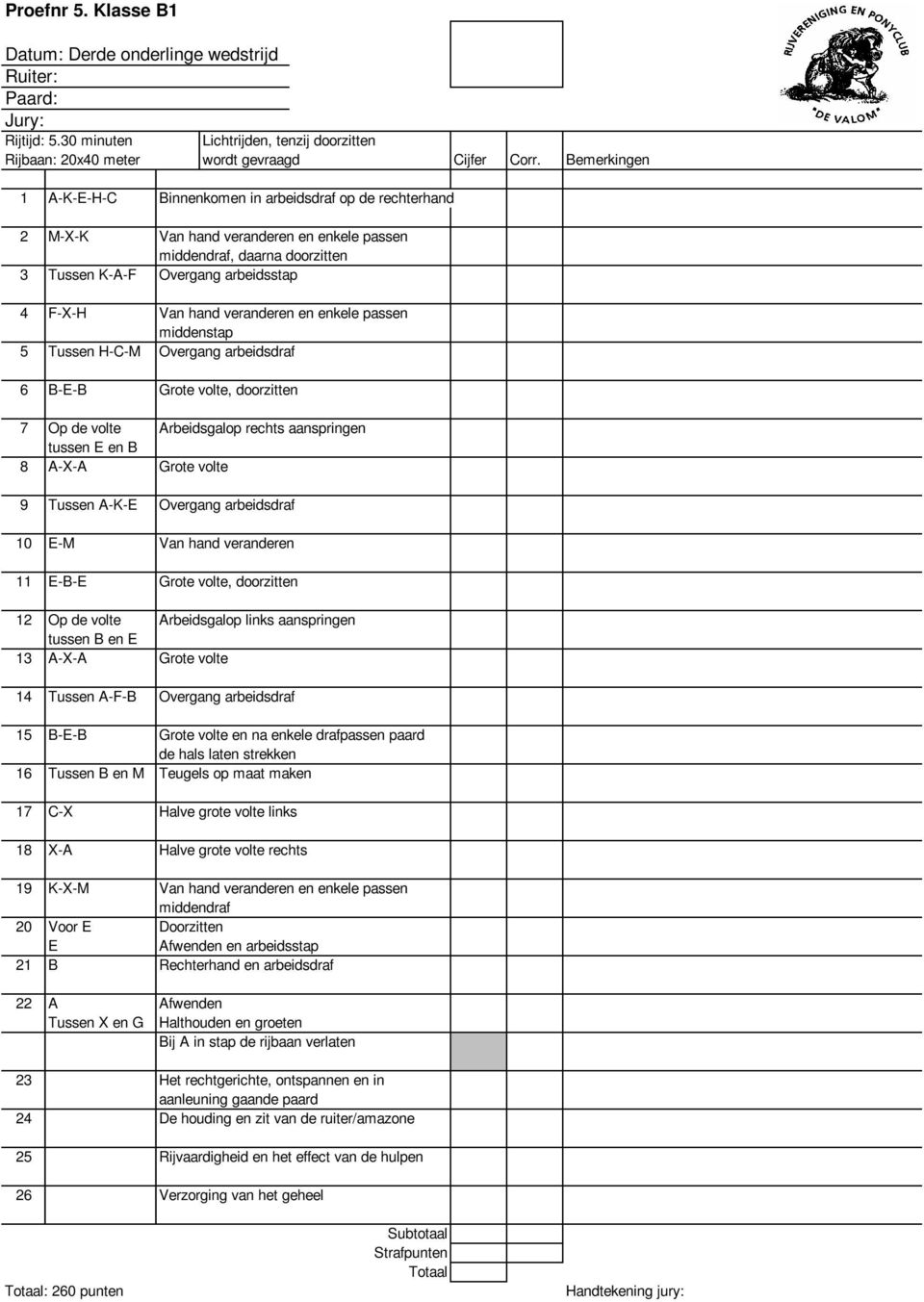 arbeidsstap 4 F-X-H Van hand veranderen en enkele passen 5 Tussen H-C-M Overgang arbeidsdraf 6 B-E-B Grote volte, doorzitten 7 Op de volte Arbeidsgalop rechts aanspringen tussen E en B 8 A-X-A Grote