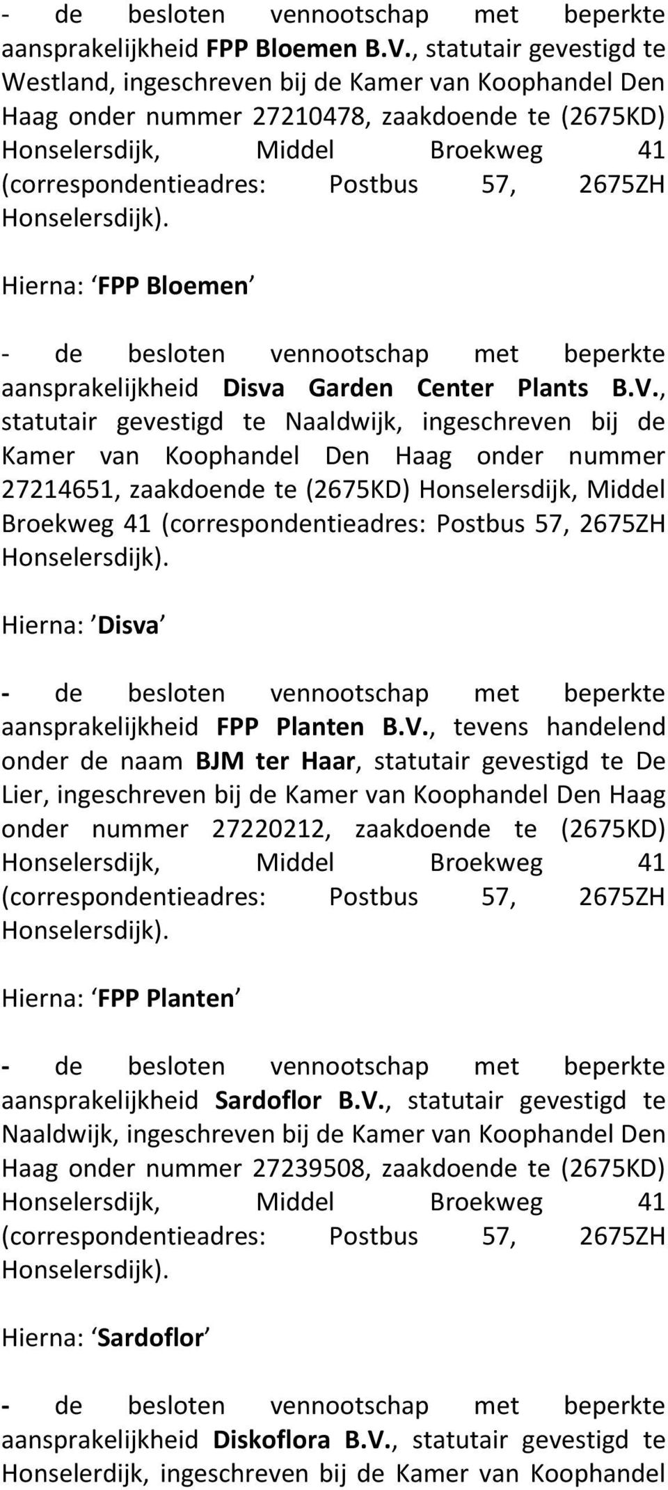 2675ZH Honselersdijk). Hierna: FPP Bloemen - de besloten vennootschap met beperkte aansprakelijkheid Disva Garden Center Plants B.V.