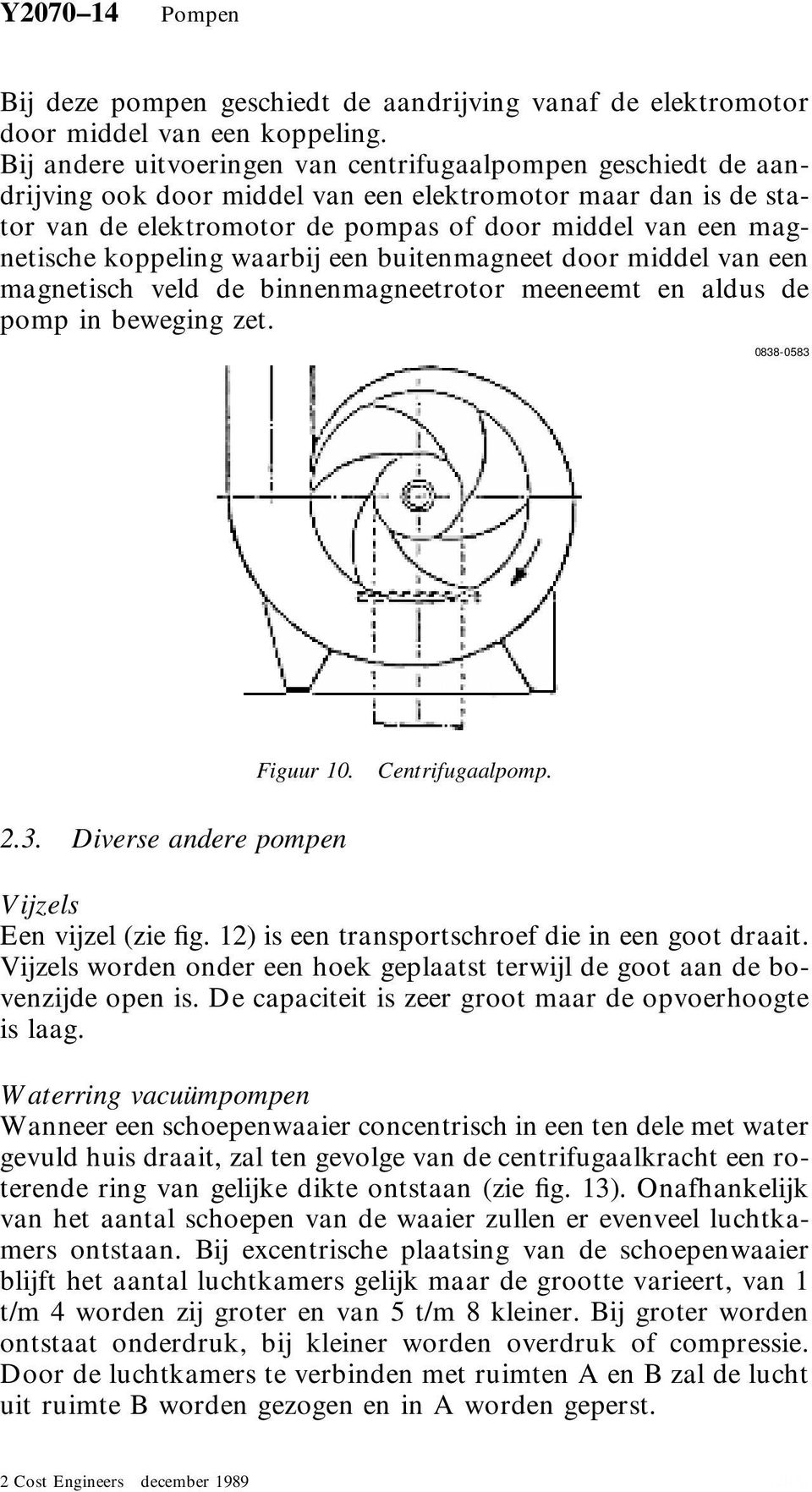 koppeling waarbij een buitenmagneet door middel van een magnetisch veld de binnenmagneetrotor meeneemt en aldus de pomp in beweging zet. 0838-0583 Figuur 10. Centrifugaalpomp. 2.3. Diverse andere pompen Vijzels Een vijzel (zie fig.