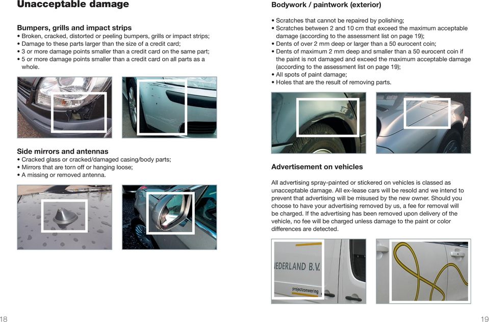 Bodywork / paintwork (exterior) Scratches that cannot be repaired by polishing; Scratches between 2 and 10 cm that exceed the maximum acceptable damage (according to the assessment list on page 19);