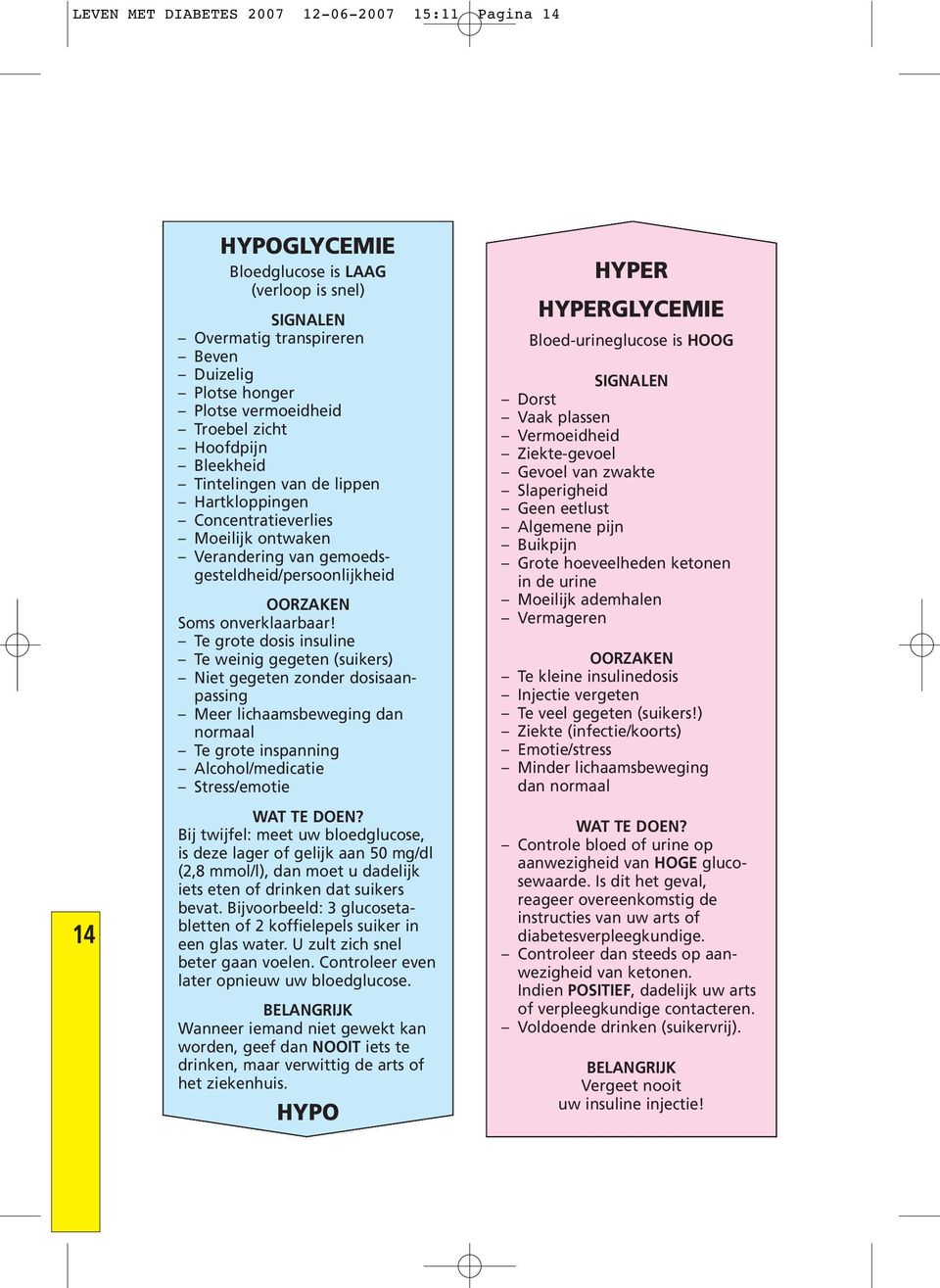 Te grote dosis insuline Te weinig gegeten (suikers) Niet gegeten zonder dosisaanpassing Meer lichaamsbeweging dan normaal Te grote inspanning Alcohol/medicatie Stress/emotie WAT TE DOEN?