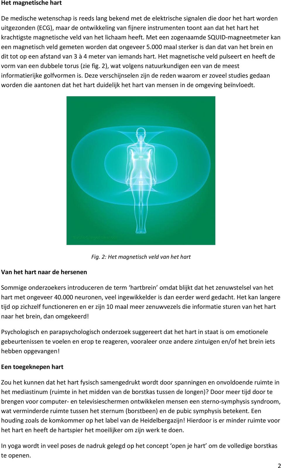 000 maal sterker is dan dat van het brein en dit tot op een afstand van 3 à 4 meter van iemands hart. Het magnetische veld pulseert en heeft de vorm van een dubbele torus (zie fig.