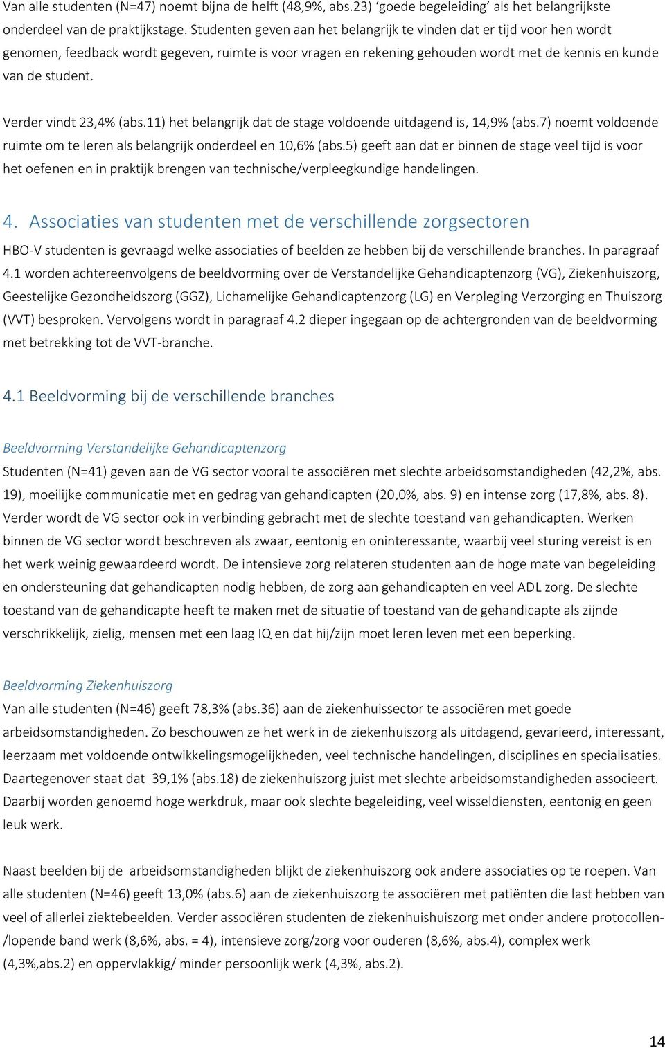 Verder vindt 23,4% (abs.11) het belangrijk dat de stage voldoende uitdagend is, 14,9% (abs.7) noemt voldoende ruimte om te leren als belangrijk onderdeel en 10,6% (abs.