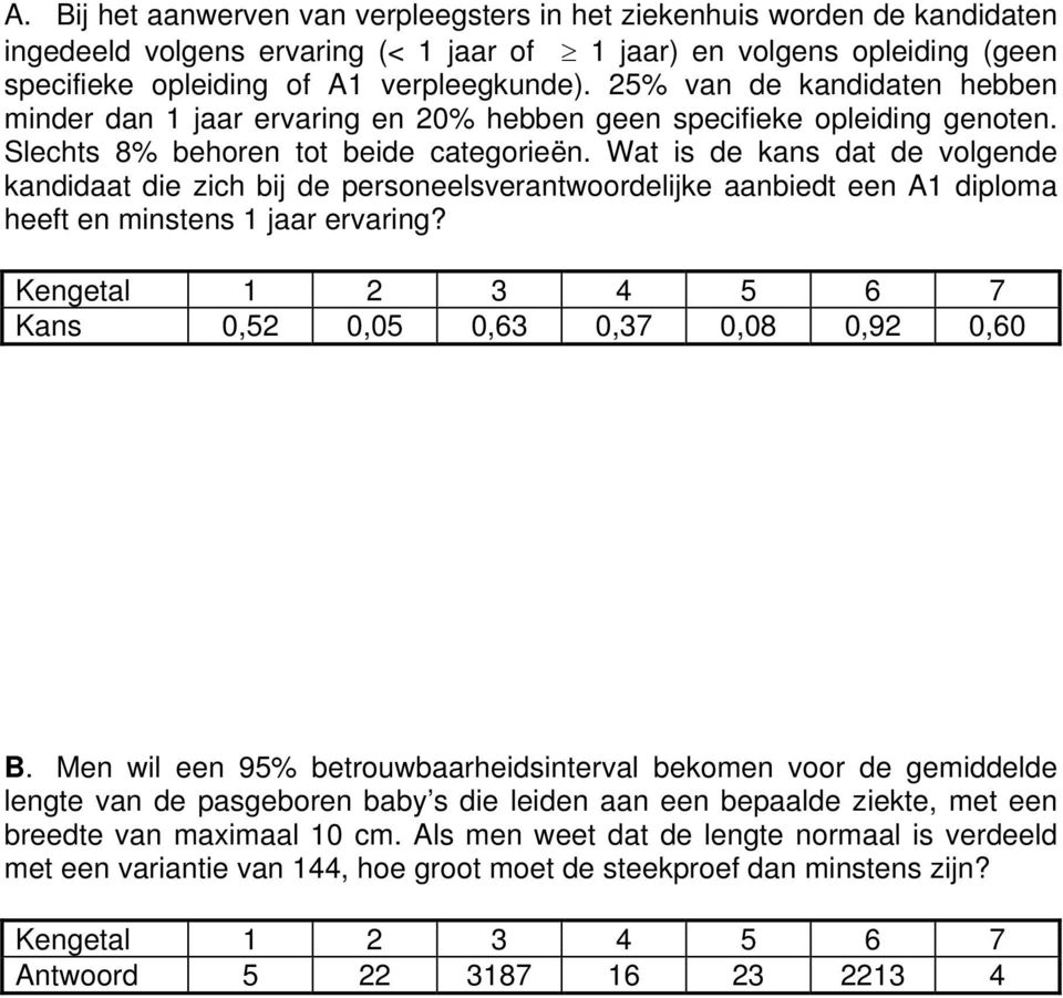 Wat is de kans dat de volgende kandidaat die zich bij de personeelsverantwoordelijke aanbiedt een A1 diploma heeft en minstens 1 jaar ervaring? Kans 0,52 0,05 0,63 0,37 0,08 0,92 0,60 B.