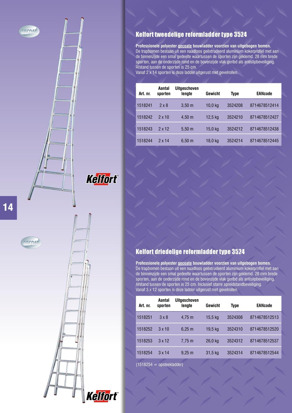 28 mm brede sporten, aan de onderzijde rond en de bovenzijde vlak geribd als antislipbeveiliging. Afstand tussen de sporten is 25 cm. Vanaf 2 x 14 sporten is deze ladder uitgerust met gevelrollen.