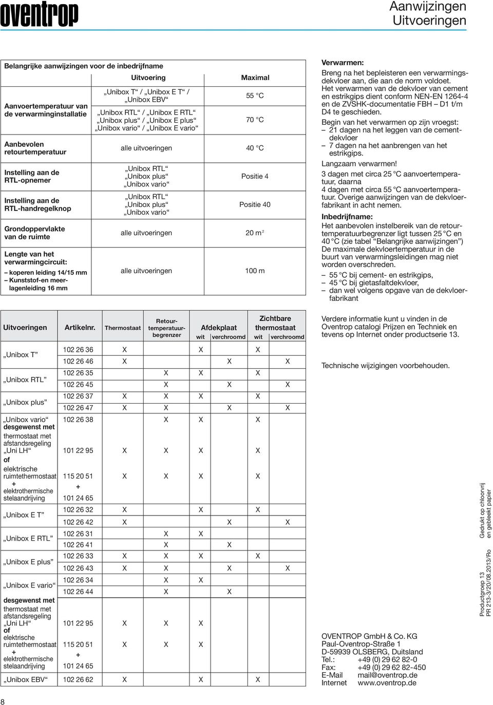 Unibox E RTL Unibox plus / Unibox E plus Unibox vario / Unibox E vario alle uitvoeringen Unibox RTL Unibox plus Unibox vario Unibox RTL Unibox plus Unibox vario alle uitvoeringen alle uitvoeringen