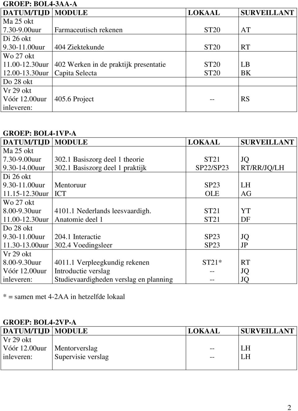 00uur 302.1 Basiszorg deel 1 theorie 302.1 Basiszorg deel 1 praktijk ICT 4101.1 Nederlands leesvaardigh. Anatomie deel 1 204.1 Interactie 302.