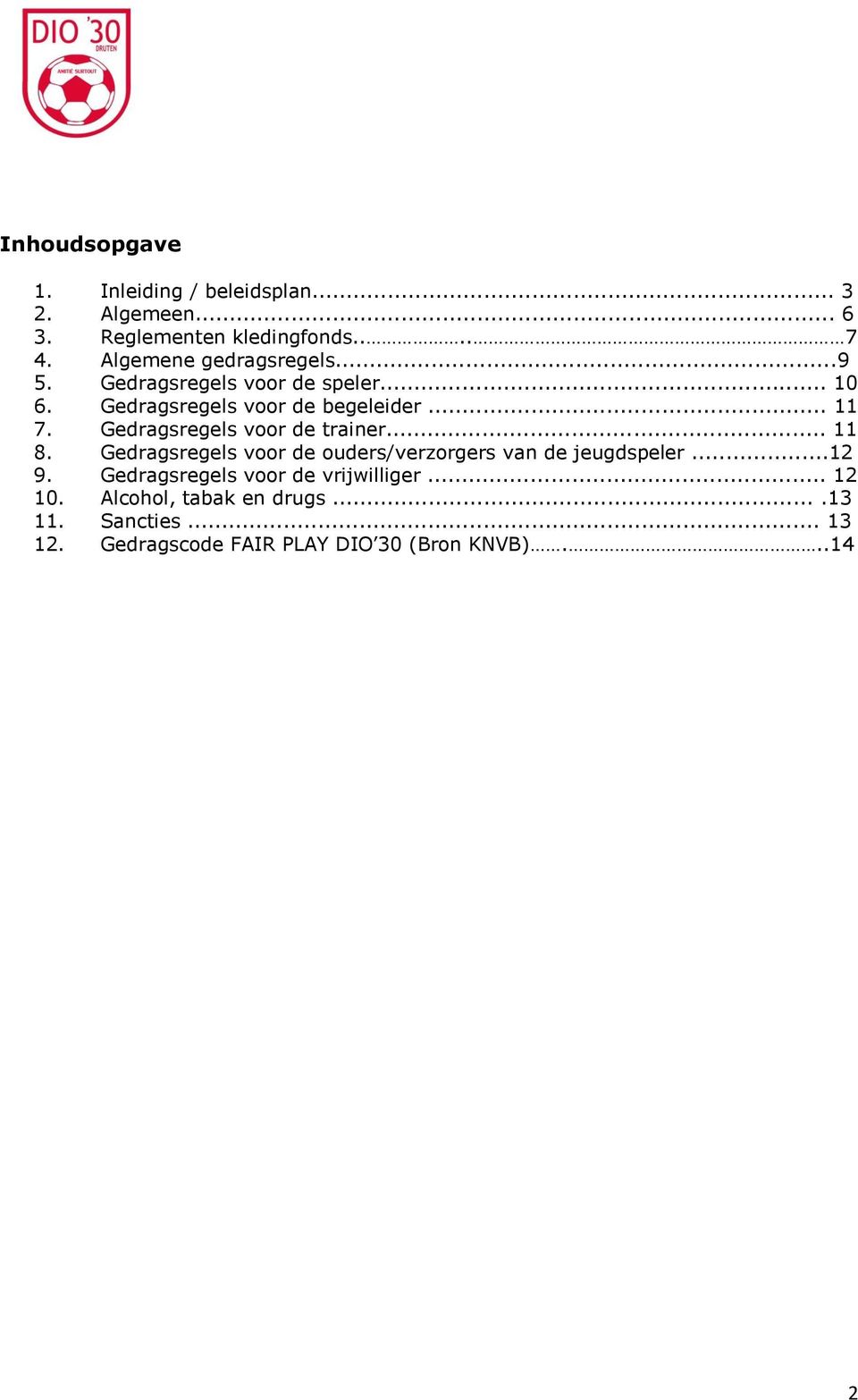 Gedragsregels voor de trainer... 11 8. Gedragsregels voor de ouders/verzorgers van de jeugdspeler...12 9.