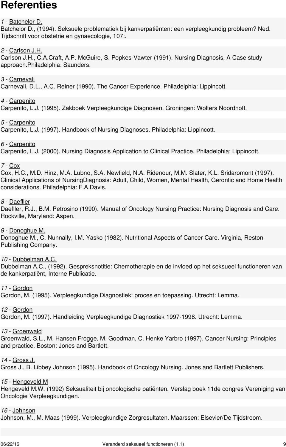 The Cancer Experience. Philadelphia: Lippincott. 4 - Carpenito Carpenito, L.J. (1995). Zakboek Verpleegkundige Diagnosen. Groningen: Wolters Noordhoff. 5 - Carpenito Carpenito, L.J. (1997).