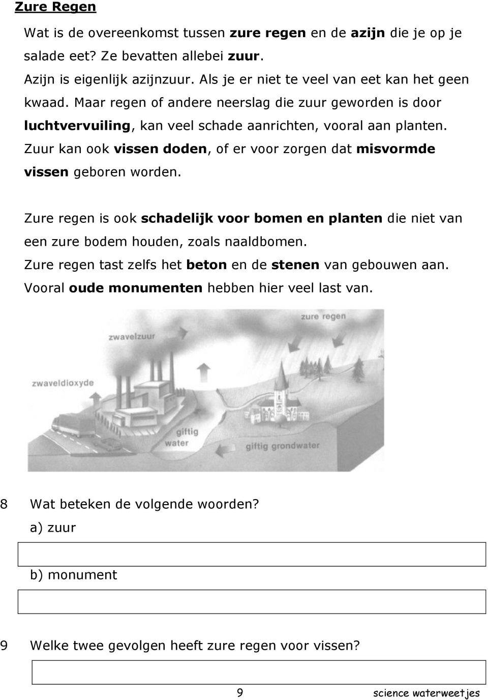 Zuur kan ook vissen doden, of er voor zorgen dat misvormde vissen geboren worden. Zure regen is ook schadelijk voor bomen en planten die niet van een zure bodem houden, zoals naaldbomen.