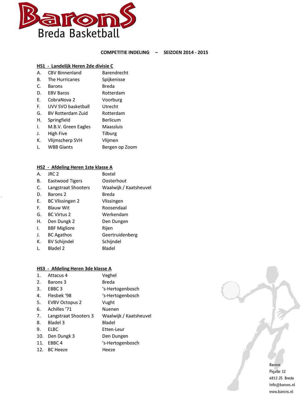 WBB Giants Bergen op Zoom COMPETITIE INDELING SEIZOEN 2014-2015 HS2 - Afdeling Heren 1ste klasse A A. JRC 2 Boxtel B. Eastwood Tigers Oosterhout C. Langstraat Shooters Waalwijk / Kaatsheuvel D.