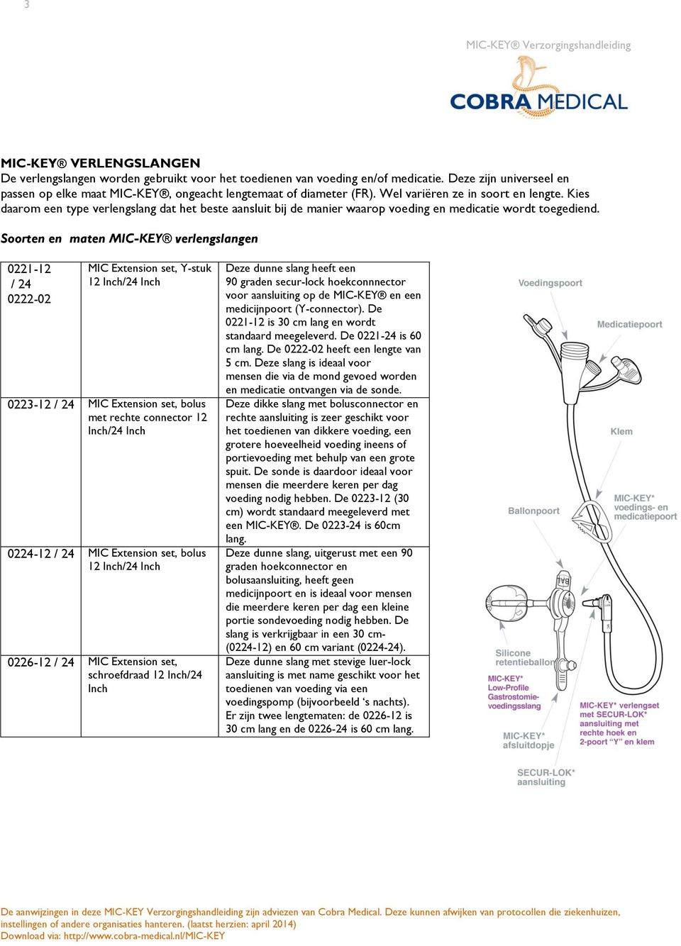 Soorten en maten MIC-KEY verlengslangen 0221-12 / 24 0222-02 MIC Extension set, Y-stuk 12 Inch/24 Inch 0223-12 / 24 MIC Extension set, bolus met rechte connector 12 Inch/24 Inch 0224-12 / 24 MIC