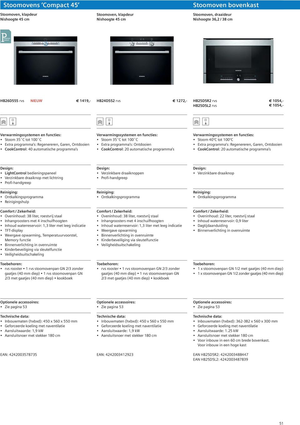 Ontdooien CookControl: 20 automatische programma s Stoom 40 C tot 100 C Extra programma s: Regenereren, Garen, Ontdooien CookControl: 20 automatische programma s LightControl bedieningspaneel